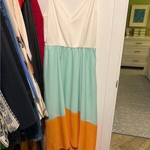 Hutch Anthropologie Capay Orange White Mint Colorblock Hi High Low Midi Dress